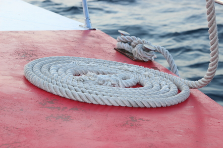 rope on the ship. deck of a ship at seaの写真素材