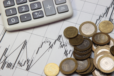 pencil, coins and banknotes.  currency rates on Forexの写真素材