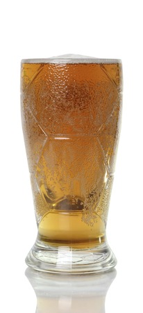 large mug of light beer. tasty beverage in a pint of beer on white backgroundの写真素材