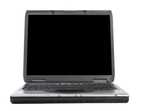 old gray laptop on white background. front view.