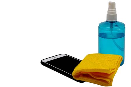 cleaning cloth for mobile phone. antiseptic in a bottleの写真素材