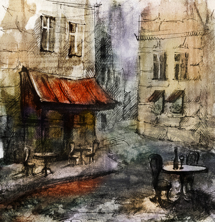 European cafe, graphic drawing in color. French outdoor european cafe painting, graphic drawing in colorの写真素材