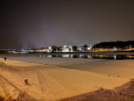 Night City winter in Russia snow lightsの写真素材