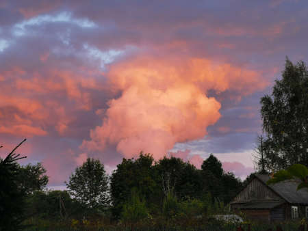 orange sunset in August clouds green garden