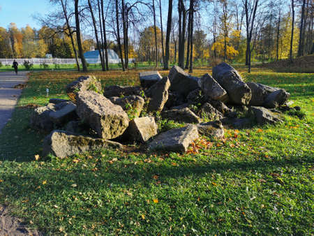 Alexander Park in Pushkin fragments of the old towerの写真素材