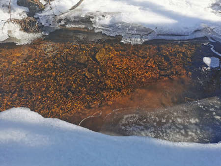 spring day in the Russian village snow well blue sky. high quality photo
