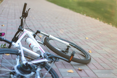 White and rose bicycle laying on the ground in a city park on a lovely autumn/fall dayの写真素材