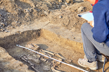 Real archaeological excavation. Archaeologist draws the tomb with human bones, part of skeleton and...