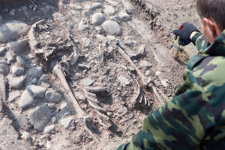 Archaeological excavation. The hands of archaeologist with tools conducting research on human bones,...
