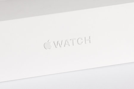 Rostov-on-Don, Rostov region / Russia - July, 2020: White cardboard box from Apple iWatch with logo on emtpy background. Minimalistic style, copy space.のeditorial素材