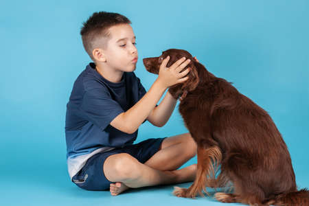 Adorable little boy sits huging cute small brown dog with humility face expression, looking eyes to eyes to each other. Friendship and tight relationships, positive emotions. Blue background, copy space.の写真素材