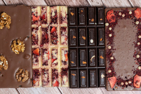 Different kinds fof chocolate bars laying in a row on vintage wooden background. Dark one, milk and...