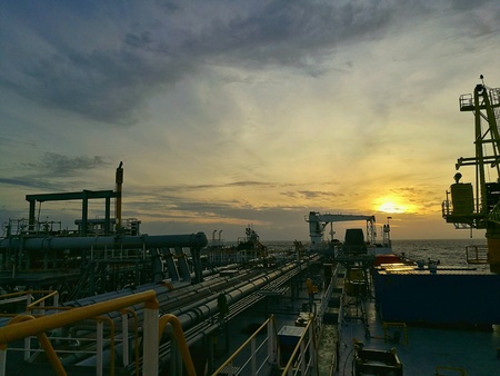Pipeline on crude oil tanker in the gulf of thailand.