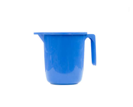 Blue plastic mug with reflection on isolated white backgroundの写真素材