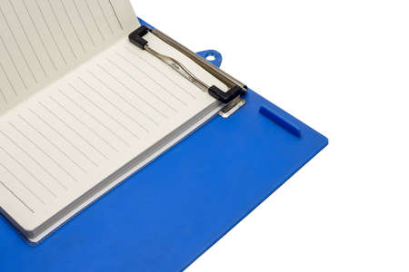 An open diary on a blue old clipboard with copy spaceの写真素材