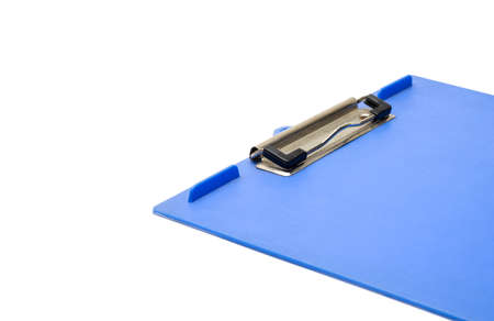 Old blue clipboard with copy space on white backgroundの写真素材