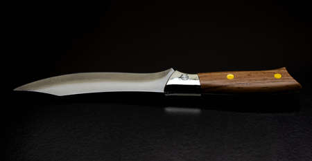 Fruits and vegetables cutting knife close up view on dark background