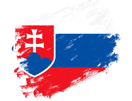 Slovakia flag painted on a grunge brush stroke white backgroundの写真素材