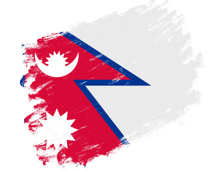 Nepal flag painted on a grunge brush stroke white backgroundの写真素材