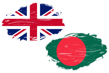 United kingdom and bangladesh flag together on a white stroke brush backgroundの写真素材