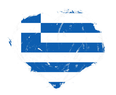 Greece flag in stroke brush heart shape on white backgroundの写真素材