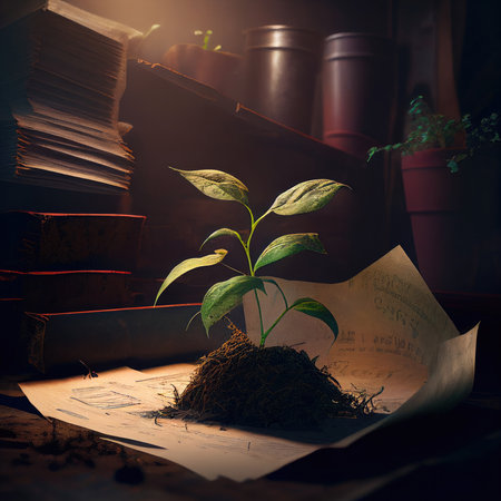 Newborn young green plant inside of a dark store roomの素材