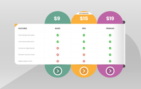 Modern pricing comparison table with check mark and abstract shape for web interfaceのイラスト素材