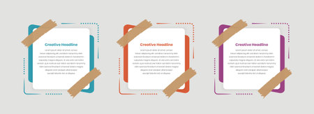 Three steps business text presentation infographic template with attached tape and abstract shapeのイラスト素材
