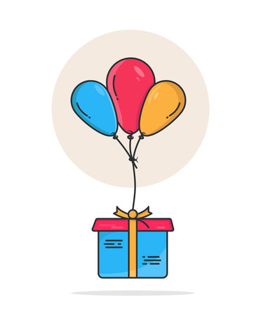A Gift Box Tied with Three Colorful Balloons, Minimal Flat Illustrationのイラスト素材