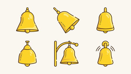 Traditional Metal Bell Illustration Set with Outline in Six Various Styles and Positionsのイラスト素材