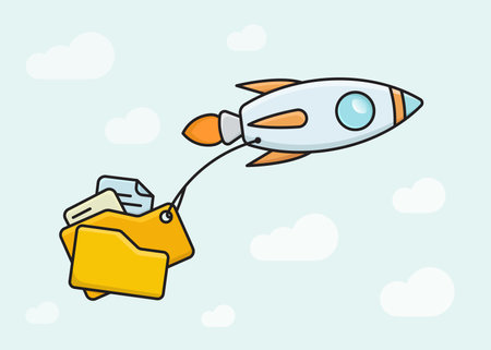 A cute rocket carrying a bunch of files, folders, and documents on the sky minimalist flat illustrationのイラスト素材
