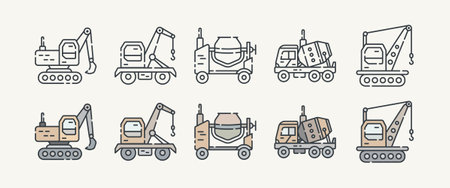 Heavy Construction and Industrial Machinery Icon Set with Outline and Color Variationsのイラスト素材