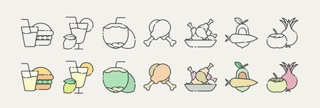 Minimalist Food, Drink, and Vegetable Line Icon Set with Tropical Vibesのイラスト素材