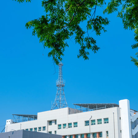 Telecommunication tower and green tree on blue sky background with copy space