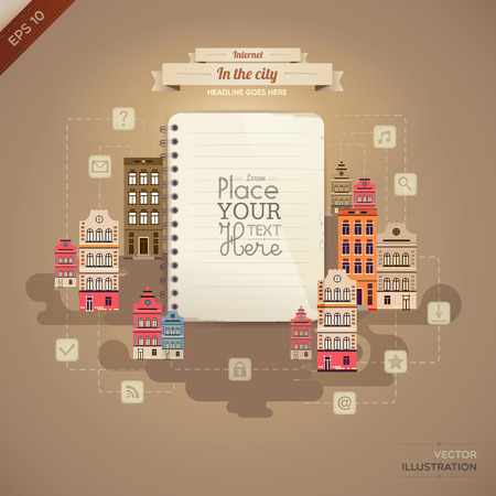 Vintage paper with set of network icons in the city.lined paper or note paper. EPS10のイラスト素材