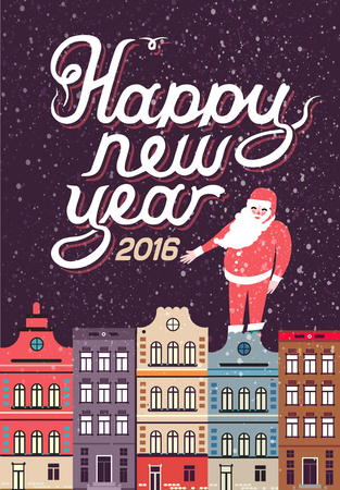 2016 Happy New Year in a town, hand lettering - handmade calligraphy, vector illustration.のイラスト素材