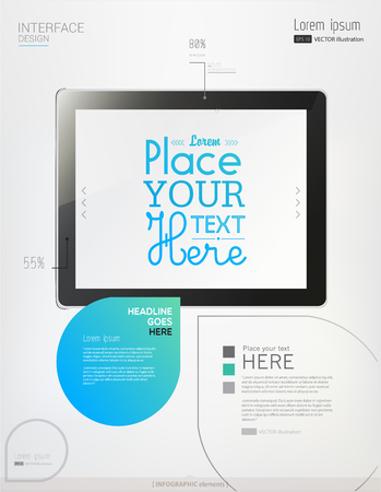 Hands holding a tablet on white background. Abstract Info graphic elements. Vector illustration. Eps 10のイラスト素材