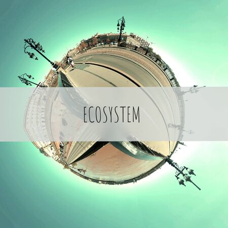 ECOSYSTEM title banner on green CITY little planetの写真素材