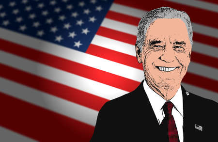 Illustration of Joe Biden on an American flag background with space to write his words, speeches, official statements, blank space to add text, copy space. USA.のeditorial素材