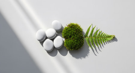 Smooth white stones moss ball fern leaf minimalist white surface shadows.の素材