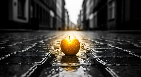 Golden apple street pavement abstract rain drops reflection cityscape backdrop dark. Wet cobblestone surface urban environment focus light object. Dark tones.の素材