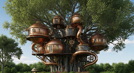 Whimsical treehouse complex large tree structure unique architecture surrounded. Green trees blue sky backdrop daytime. Beautiful outdoor.の素材