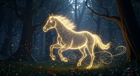 Glimmering horse gallops in forest. Illuminated equine shines golden. Mystical woodland scene.の素材