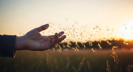 Hand releasing dandelion seeds sunset glow field backdrop nature. Freedom concept outdoor serene scene warm light. Flying away.の素材