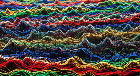 Abstract colorful wavy lines pattern digital art vibrant multicolored. Energy flow visual representation dynamic movement background texture. Bright.の素材