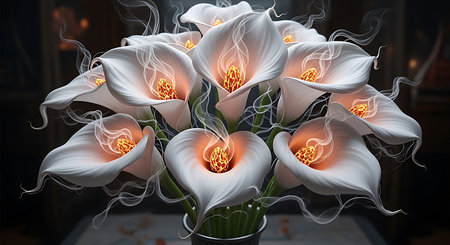 White calla lilies bouquet glowing stamens elegant floral arrangement dark. Artistic still life warm illumination. White flowers.の素材