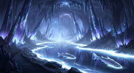 Fantasy alien planet. Mountain and river with fish. 3D illustrationの素材