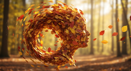 Falling autumn leaves in the forest. 3D render illustration.の素材