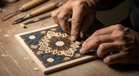 Artisan crafting geometric wooden tile Islamic pattern design handwork woodworking intricate artistry detailed inlay traditional craftの素材