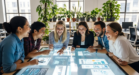 Diverse happy business people, smiling, interacting digital table, modern office, technologyの素材
